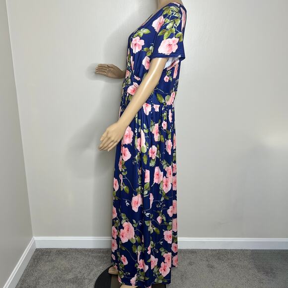 Blue Floral Rose Short Sleeve Maxi Dress - Picture 2 of 8